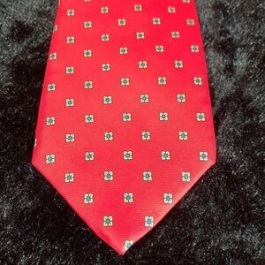 John Ashford Red Silk Tie Gold Blue Geometric Medallion Mens Necktie OS